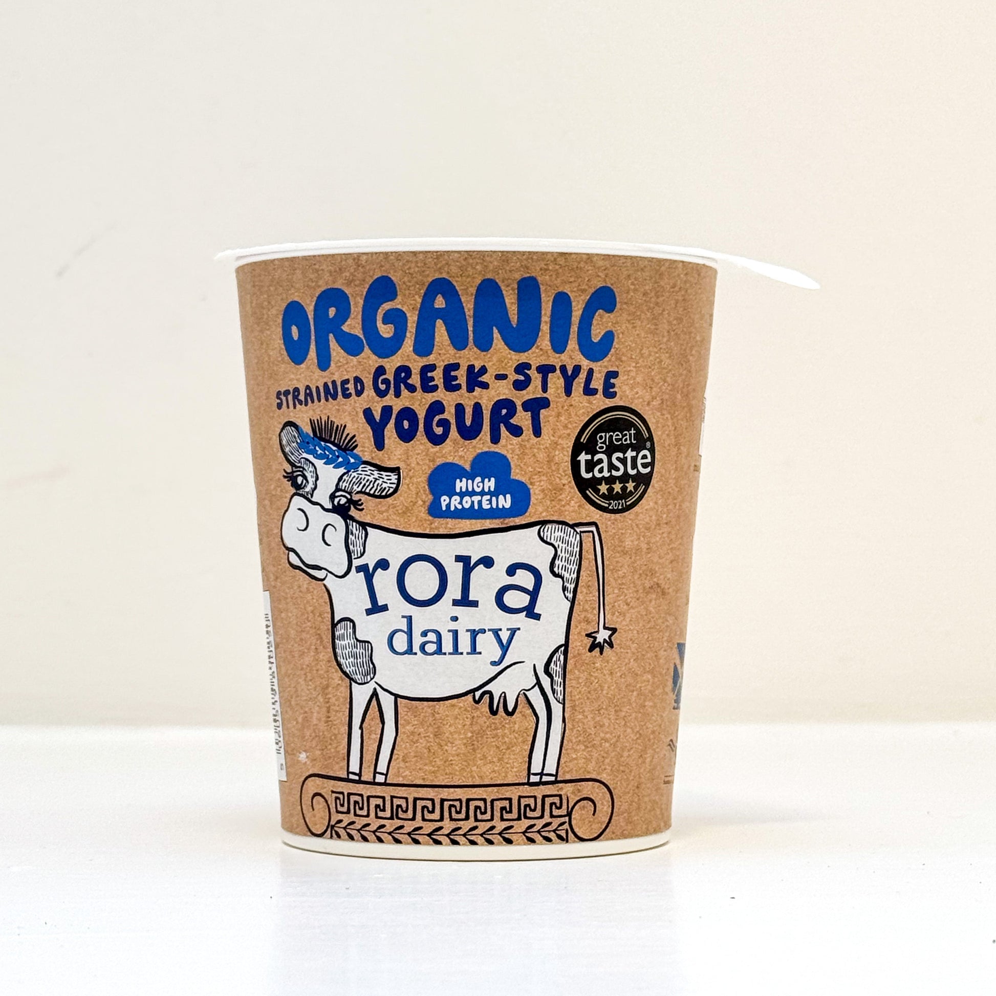 Rora Dairy organic Greek-style yogurt container on a white background