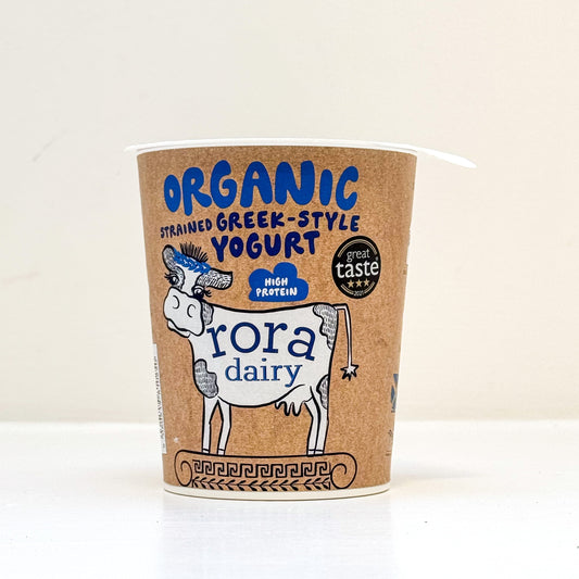 Rora Dairy organic Greek-style yogurt container on a white background