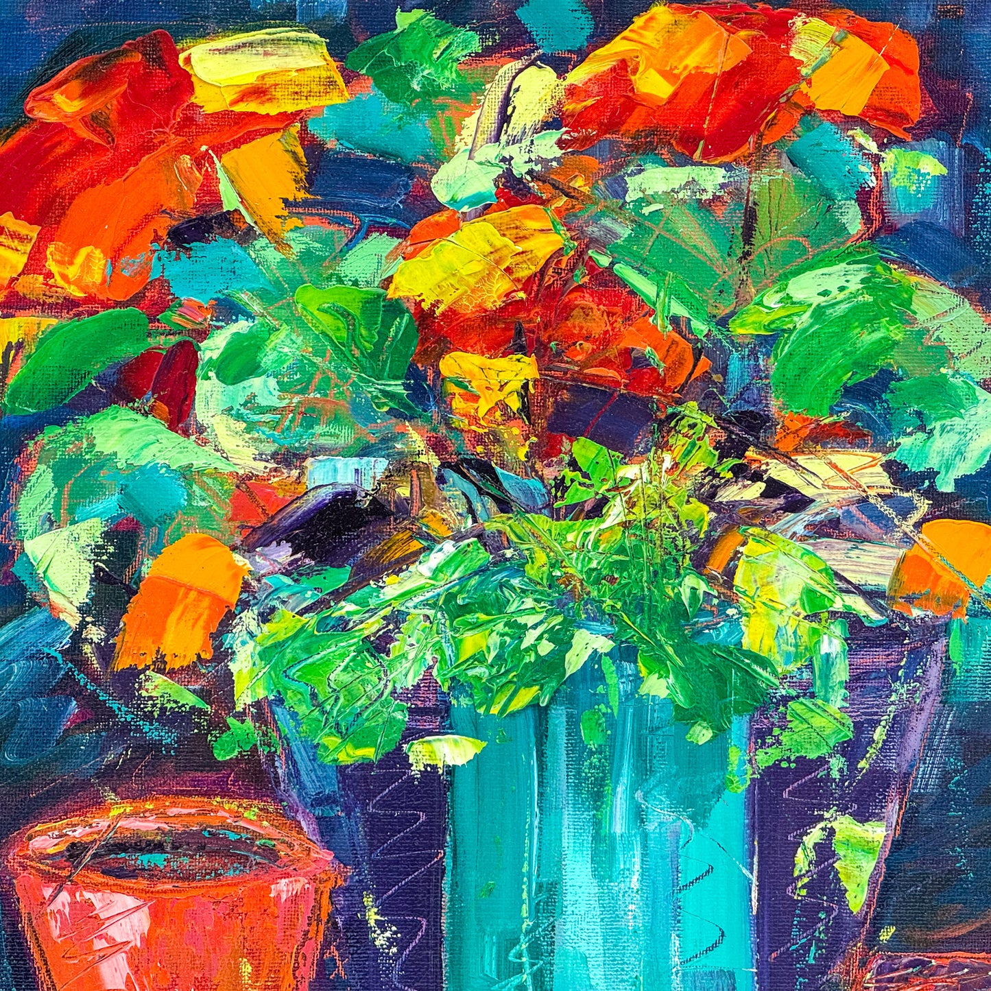 Geraniums, Flower Pots by Madeleine Braithwaite-Exley